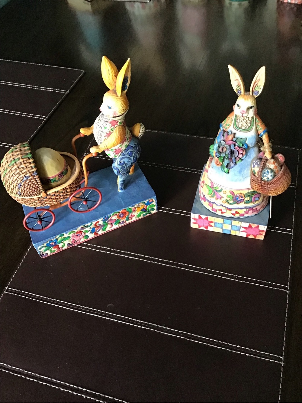 Jim Shore Hand-Painted Blue and Multicolor Bunny Couple Figurines